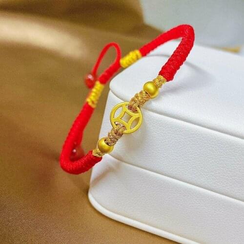 Genuine 24K Yellow Gold Coin-Shape Bead with 2 Gold Bead Red Cord Bracelet Length from 5" to 15" For Lady