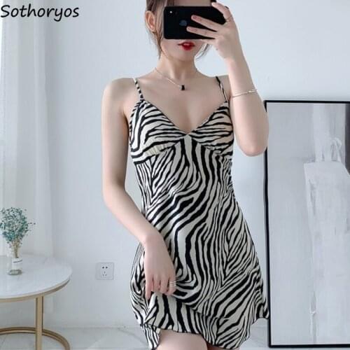 Nightgowns Women Stripped Spaghetti Strap Loose Sexy Females Sleepwear Sleeveless Loungewear Sleep Dress Casual Chiffon Summer
