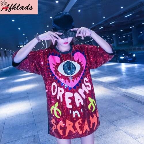 2021 Summer New Love Sequins Short-Sleeved Color Patchwork Sequins Striped Letters T-Shirt Plus Size Female Women T-Shirt