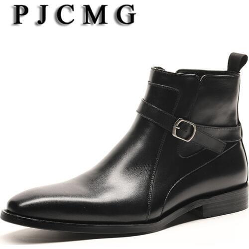 PJCMG New Cowhide Genuine Soft Leather Pointed Toe Buckle Strap Black/Brown Bullock Patterns Oxford Dress Shoes For Men Boots