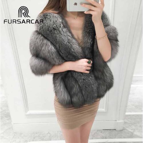 FURSARCAR Women Real Fox Fur Poncho Fashion Whole Skin Fox Fur Thick Female Shawls Winter Fox Fur Cape High Quality For Party