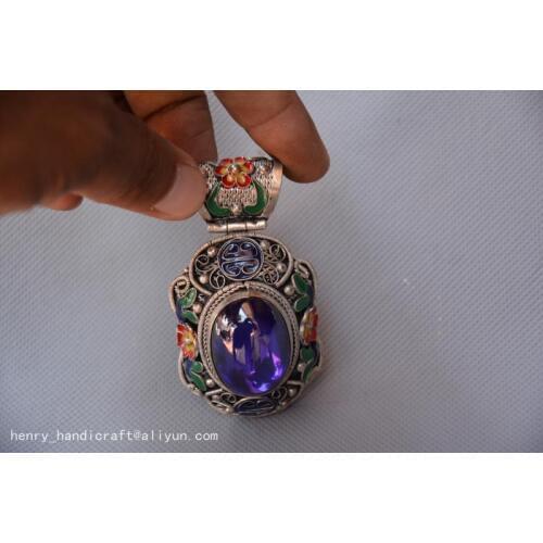 Rare Old Old China Cloisonne & sapphire pendantcarved silver Pendant,02,free shipping