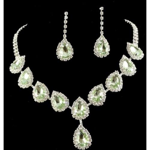 Luxury Female Blue Green Crystal Jewelry Set Charm Silver Color Dangle Earring For Women Cute Water Drop Wedding Chain Necklace