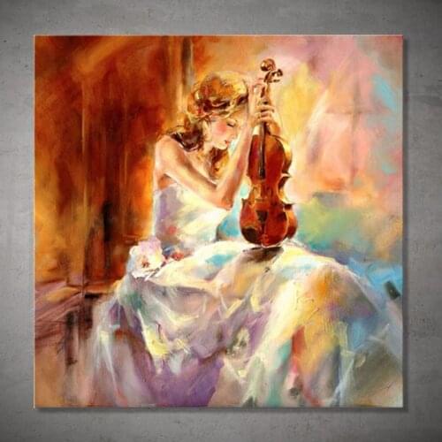 Unframed Handmade Hand Painted Abstract People Woman Play the Violin Oil Paintings Canvas Pop Art Fabric Wall Art Mural Picture