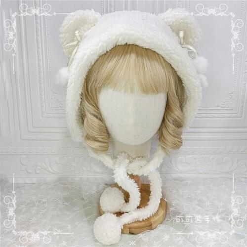 Mori Girl Cute Bear Ear Lace-up Lamb Wool Hat Lolita Keep Warm Earmuff Japanese Girl Heart JK Soft Sister Sweet Lovely Plush Cap