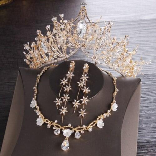 Bridal Accessory, Rhinestone Crown Set Gold Crown Necklace Earring Sets Wedding Dress Accessories Dinner Party Accessory TZ003