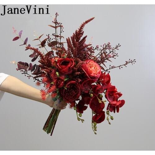 JaneVini Vintage Artificial Bridesmaids Wedding Bouquets Burgundy rosa flor Dark Red Orchid Peony Bridal Bouquet mariage rouge