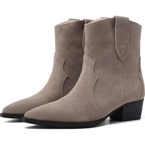 Grey Suede Medium Heel Booties Elegant Pointed Toe Slip On Match Everything Spring Women Shoes Cashmere Handmade Casual Shoes