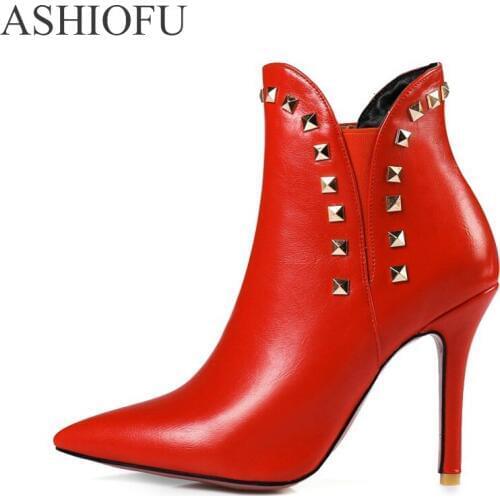 ASHIOFU 2020 New Womens Boots Rivets Spikes Pointed Toe Ankle Boots Party Prom Fashion High Heel Boots Shoes 4 Colors Optional
