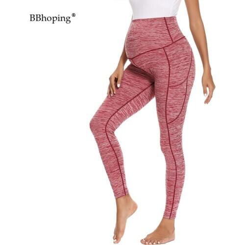 Womens Maternity Yoga Pants With Pockets High Waisted Essential Stretch Crop Length Secret Fit Belly Pregnancy Activewear Pants