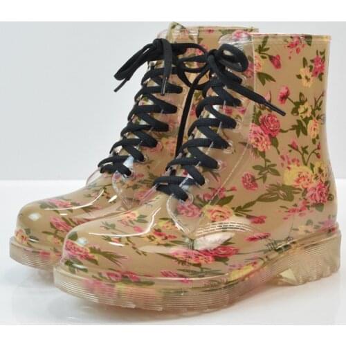 New Autumn Women Rain Boots Transparent Waterproof Colorful Rainboots Woman Leopard Print Ankle Boots Lace Up Rain Shoes