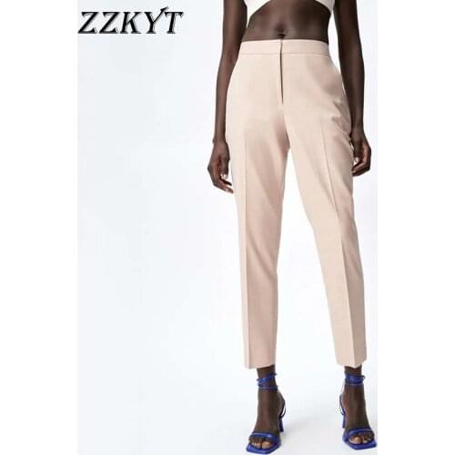 ZZKYT 2021 Women Spring Vintage Solid Zipper Straight Pants Fashion High Waist Fly Side Pockets Office Lady Female Ankle Trouser