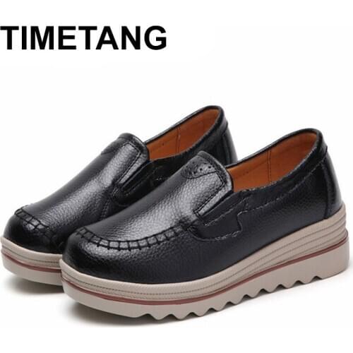 TIMETANG Autumn Women Flat Shoes Platform Sneakers Moccasins Casual Shoes Women Creepers Lace Up Flats Genuine Leather Ladies