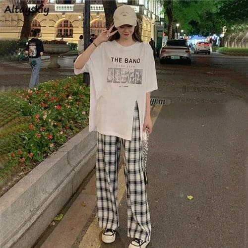 Sets Women O-neck Letter Slit T-Shirts Wide Leg Plaid Trousers 2 Piece Loose Streetwear Casual Summer Korean Style Harajuku New