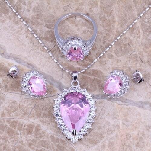 Pink White CZ Silver Plated Jewelry Sets Earrings Pendant Ring Size 6 / 7 / 8 / 9 / 10 S0096