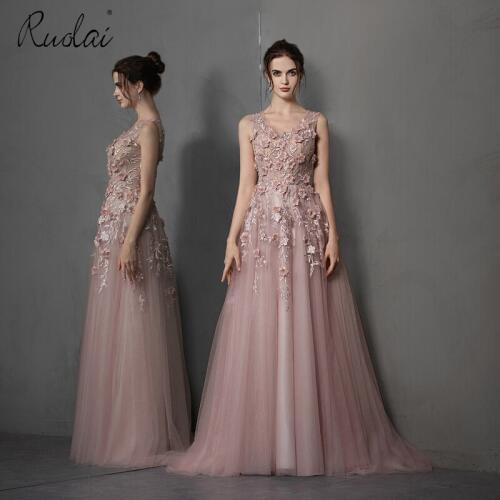 2019 Newest 3D Flower Appliques Evening Dress A-Line Sleeveless Women Evening Dresses Long vestidos de fiesta de noche