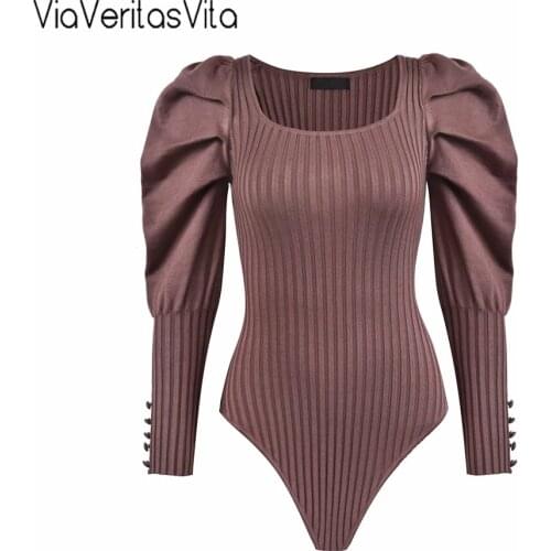 2021 Spring French Vintage Fashion Black Green Puff Sleeve Knit Bodysuit For Women Slim Square Collar Playsuits With Button