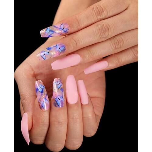 24pcs/box Pink color Long Fake Nails coffin Full Cover Acrylic with Butterfly pattern design False Nails for Women and Girls