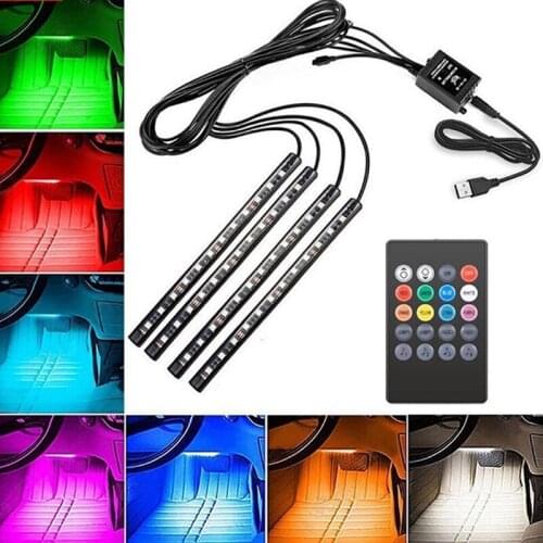 4x 12LED RGB Car Interior Atmosphere Footwell Strip Light USB Charger Decor Lamp