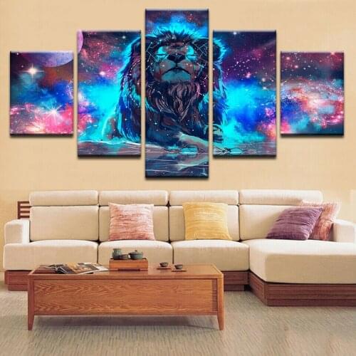 No Framed Glowing Lion Abstract Animal 5 Panel Canvas Picture Print Wall Art Canvas Painting Wall Decor for Living Room