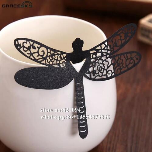 50pcs Free Shipping New arrival Dragonfly Shape laser Cut Place name Seat Invitation Cup Cards for Wine Glass party supplies