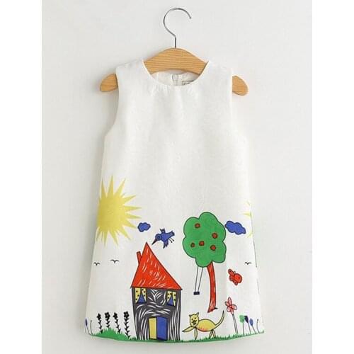 White Girls Dress For Spring Summer Autumn Sleeveless Children O-Neck Sundress Cute Cartoon Printed Princess Dress Kids Clothes