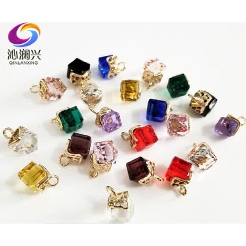 Free shipping 7mm 20pcs/pack Gold alloy Pendant ,Colour cube Crystal sew on stones for Diy/jewelry accessories SWZL11