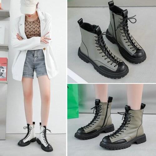 2021 Cowhide Leather Martin Boots Female British Style Thick-soled Shoes Color Matching Fashion Short Tube Motorcycle Boots