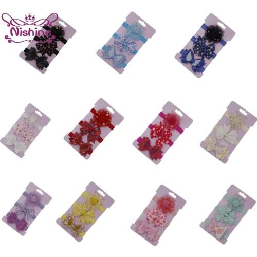 Nishine 3pcs/lot Children Sequins Bowknot Rose Chiffon Flower Headband Baby Girls Photography Props Kids Headwear Sets Gifts