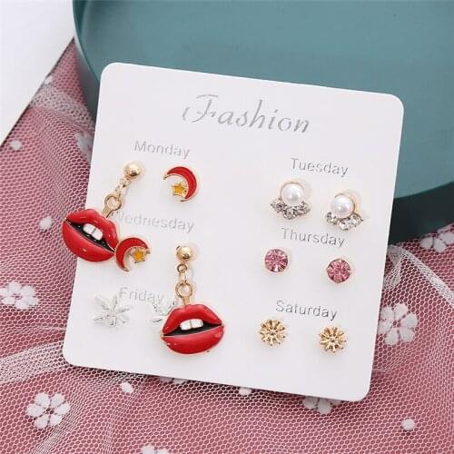 HTZZY [6 Pairs] New Fashion Earrings for Women Geometry Crystal Heart Stud Earrings Hyperbole Lips Shape Earrings Jewelry
