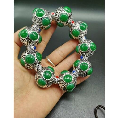 China Old Tibetan Silver Inlaid Green Colour Jade Bead Hand String Bracelet