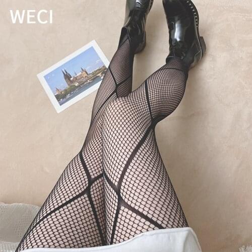 WECI Fishnet Striped Pantyhose Spider Web Tights For Girls With Access Gothic Bottom Silk Stockings Nylons Sticky Woman Big Size