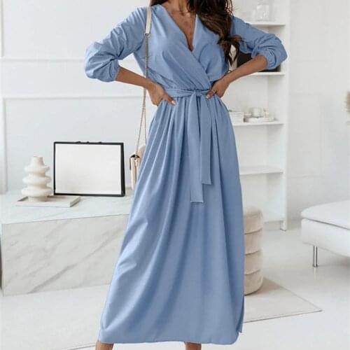 Fashion Womens Dress Solid Color Elastic Waist V Neck Long-sleeved Lace-up Loose Dress for Party