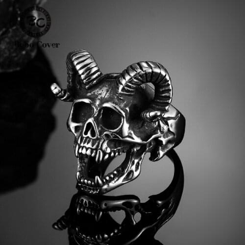 Punk Demon Goat Satan Skull Ring Mens Gothic Stainless Steel Biker Ring Motorcycle Amulet Retro Ram Buck Jewelry Accessories