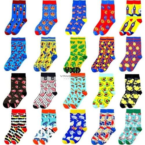 5 Pairs/Mens Funny Socks Fashion Cotton Fruit Pizza Seafood Soldier Crown Creative Anime Socks With Print Long Man High Socks