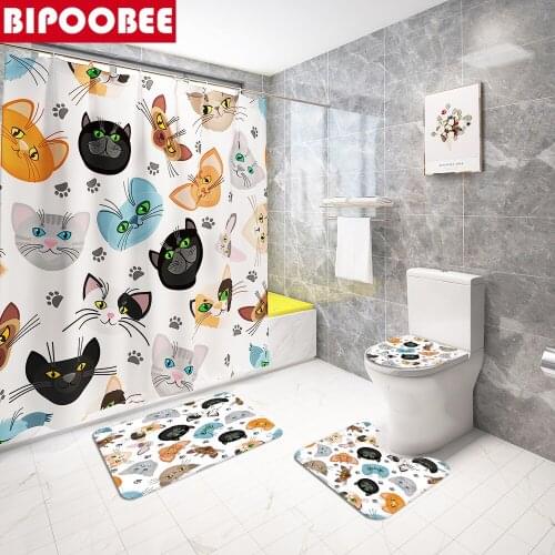 New Cat Funny Shower Curtains Bathroom Curtain with Hooks 3D Print Anti-slip Bath Mats Home Carpet Mat Toilet Lid Covers