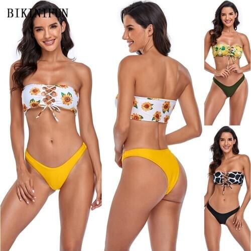 2021 New Strapless Bandeau Swimsuit Women Floral Print Beachwear Leopard Swimwear S-XL Girl Front Hollow Bathing Suit Bikini Set