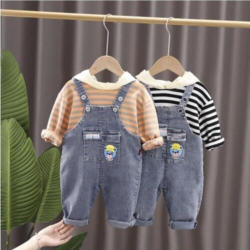Autumn baby kids clothes sets boys girls striped hoodie+cartoon jeans overalls two piece set casual sports suit kids Costums