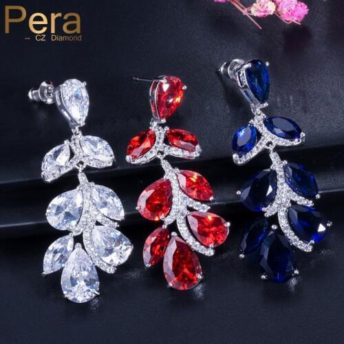 Pera 3 Color Red Cubic Zirconia Crystal Long Leaf Shape Hanging Drop Bridal Earrings for Wedding Women Jewelry Accessories E112