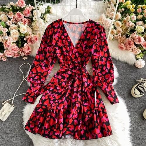 Spring Autumn Korean V-neck Printed Ruffled Dress Fashion Temperament Lantern Sleeve Bandage Thin Floral A-line Dress UK934
