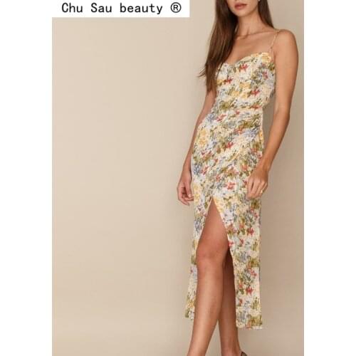 2021 Summer New Womens New Vintage Floral Print Folds Irregular Camisole Long Dress Split Ends Sexy Female Fashion