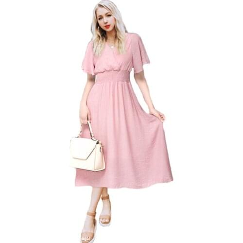 Dress For Women 2021 Summer New Fashion Elegant Plus Size Solid Color Short Sleeve V-neck Chiffon Long Dresses Female LR1117