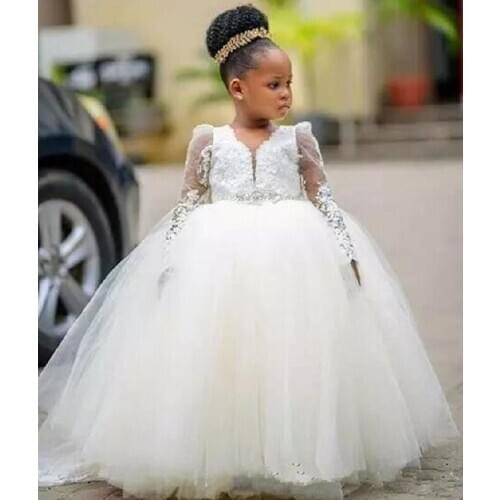 Flower Girl Dresses For Weddings Long Sleeve Little Girl Pageant Dresses With Beads Sash V Neck Flower Kids Party Birthday Gowns