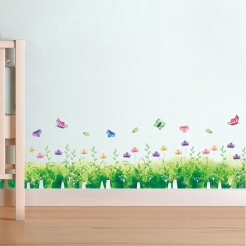 Removable Fantasy Green Grass Flowers Butterfly Wall Stickers Bedroom Baseboard Living Room Corridor Wardrobe Poster Decals