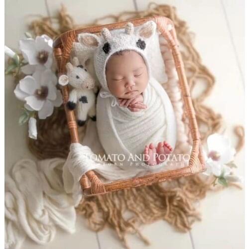 Newborn Cow Bonnet Photography props Baby Boy Animal Cow Hat Toy Set Knitted Infant Animal Bonnet