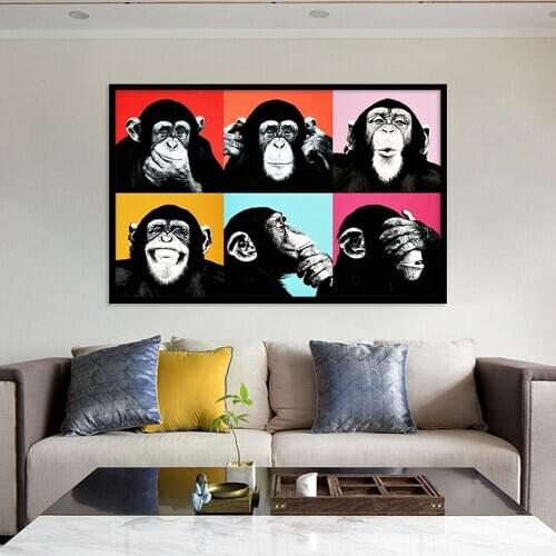 Six Monkey Chimpanzee Canvas Painting Funny Animal Expression Poster Living Room Hanging Painting Home Decor Wall Art Pictures