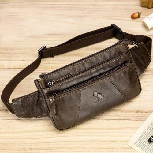 USB hole design Genuine Leather Waist Bag men Waist Pack Waist Bag Funny Pack Belt Bag Men Chain Waist Bag For Phone Pouch Bolso