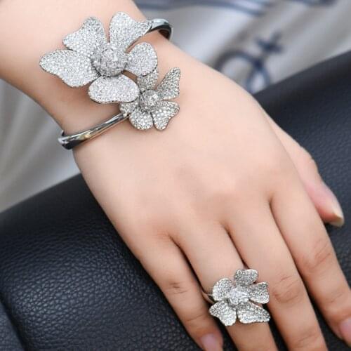 KellyBola Gorgeous Brand Flowers Adjustable Openning Bangle Ring Jewelry Set for Women Important Occasion Party Noble Symbol