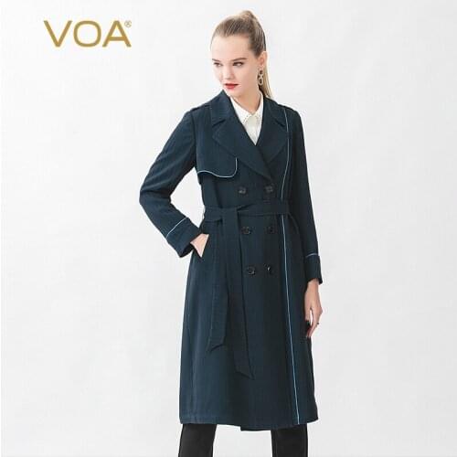 VOA Heavy Silk 46 Mmm Navy Blue Stripe Lapel Material Impact Edging Epaulets Waist Double-breasted OL Windbreaker F613 Autumn