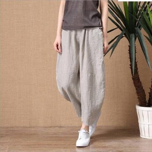 2021 summer new style literary plus size womens elastic waist solid color womens nine-point wide-leg casual pants